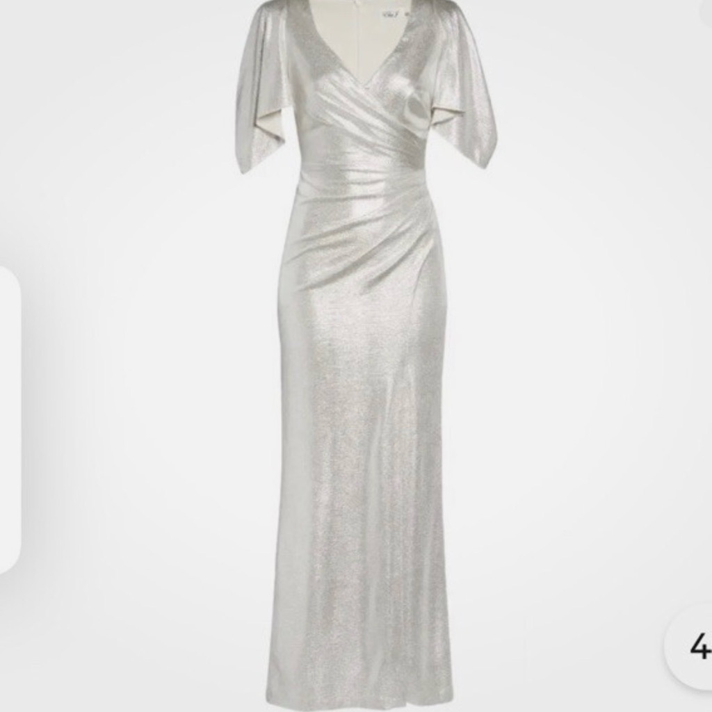 Eliza J Metallic Silver Formal, Prom Party Side Rouche Maxi Dress Sz 8p